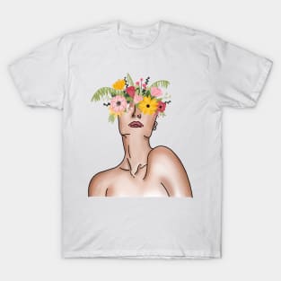 Minimalist Flowers Coming Out of Head Color T-Shirt